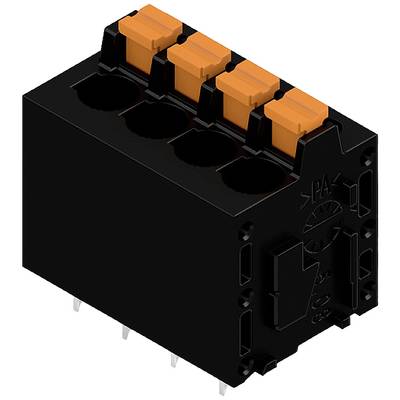Czarny, prostokątny elektryczny złącze z czterema pomarańczowymi zaciskami góry. Odpowiedni do montażu na płytce drukowanej.