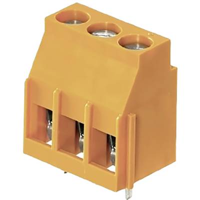 Trójbiegunowy, pomarańczowy blok zacisków przyłączeniowych do płytek elektronicznych z metalowymi złączami od spodu.