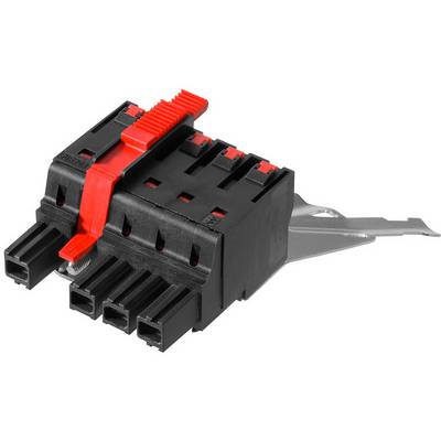 Czarny elektryczny wtyk z czerwoną dźwignią, posiadający sześć gniazd i metalowe mocowanie.