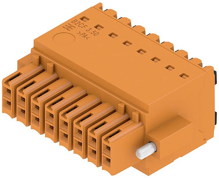 Pomarańczowy elektryczny złącz wielostykowy z dźwignią blokującą z boku.