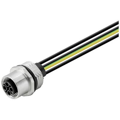 Okrągły metalowy element łączący z pięcioma gniazdami, podłączony do czterech kolorowych przewodów: czarnego, zielonego, żółtego i białego.