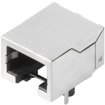 Srebrny wtyk RJ45 do połączenia sieciowego, o prostokątnym kształcie z otwartym portem z przodu.