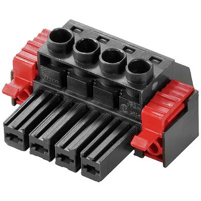 Czarno-czerwony wtyk plastikowy z pięcioma stykami, przeznaczony do połączeń elektrycznych w zastosowaniach technicznych.