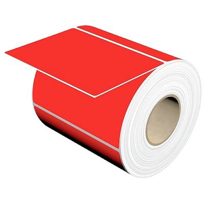 Rolka czerwonego papieru etykietowego, częściowo rozwinięta.