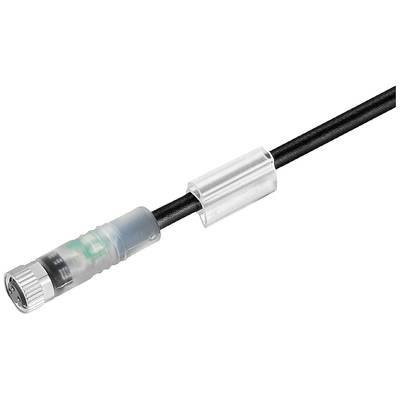 Czarny kabel z przezroczystą obudową ochronną i srebrnym złączem okrągłym.