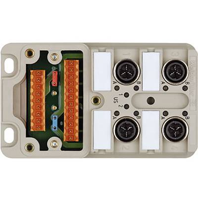 Elektryczny element z czterema czarnymi przyciskami po prawej stronie oraz złączem z wielokolorowym terminalu po lewej stronie.