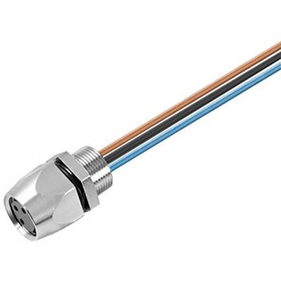 Metalowy wtyk z dwoma kolorowymi przewodami (niebieskim i pomarańczowym). Odpowiedni do połączeń technicznych lub elektroniki.