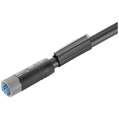 Czarny kabel zakończony srebrnym, metalicznym złączem. Złącze posiada niebieskie wnętrze.
