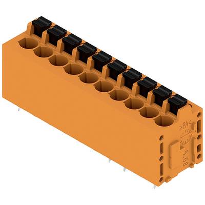 Pomarańczowy złącze z dziesięcioma czarnymi stykami, odpowiednie do obwodów elektronicznych, oznaczone z boku z podziałką 5,08 mm.