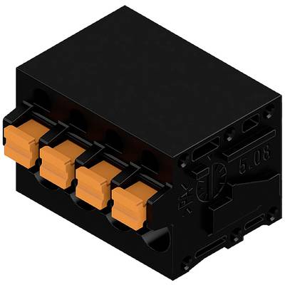 Czarny, prostokątny element elektryczny z kilkoma pomarańczowymi złączami, używany do połączeń elektrycznych.