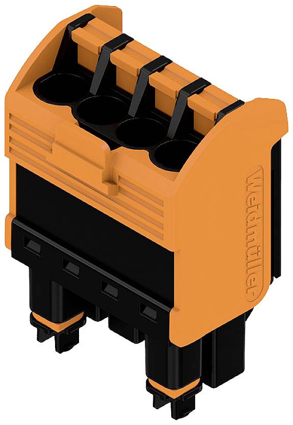 Czterowtykowy złącze elektroniczne w kolorze pomarańczowo-czarnym, przeznaczone do połączeń elektrycznych w zastosowaniach technicznych.