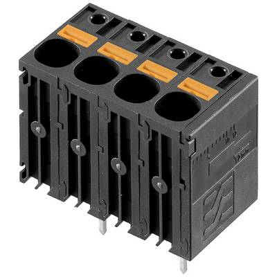 Czarna elektryczna kostka zaciskowa o czterech gniazdach z pomarańczowymi dźwigniami, odpowiednia do podłączania przewodów w urządzeniach elektrycznych.