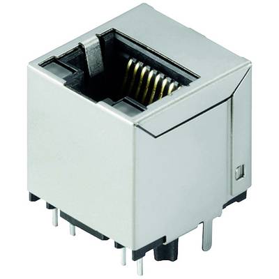 Pojedyncze złącze sieciowe RJ45 w kolorze srebrnym, z wieloma złotymi stykami wewnątrz, przystosowane do podłączenia kabli Ethernet.