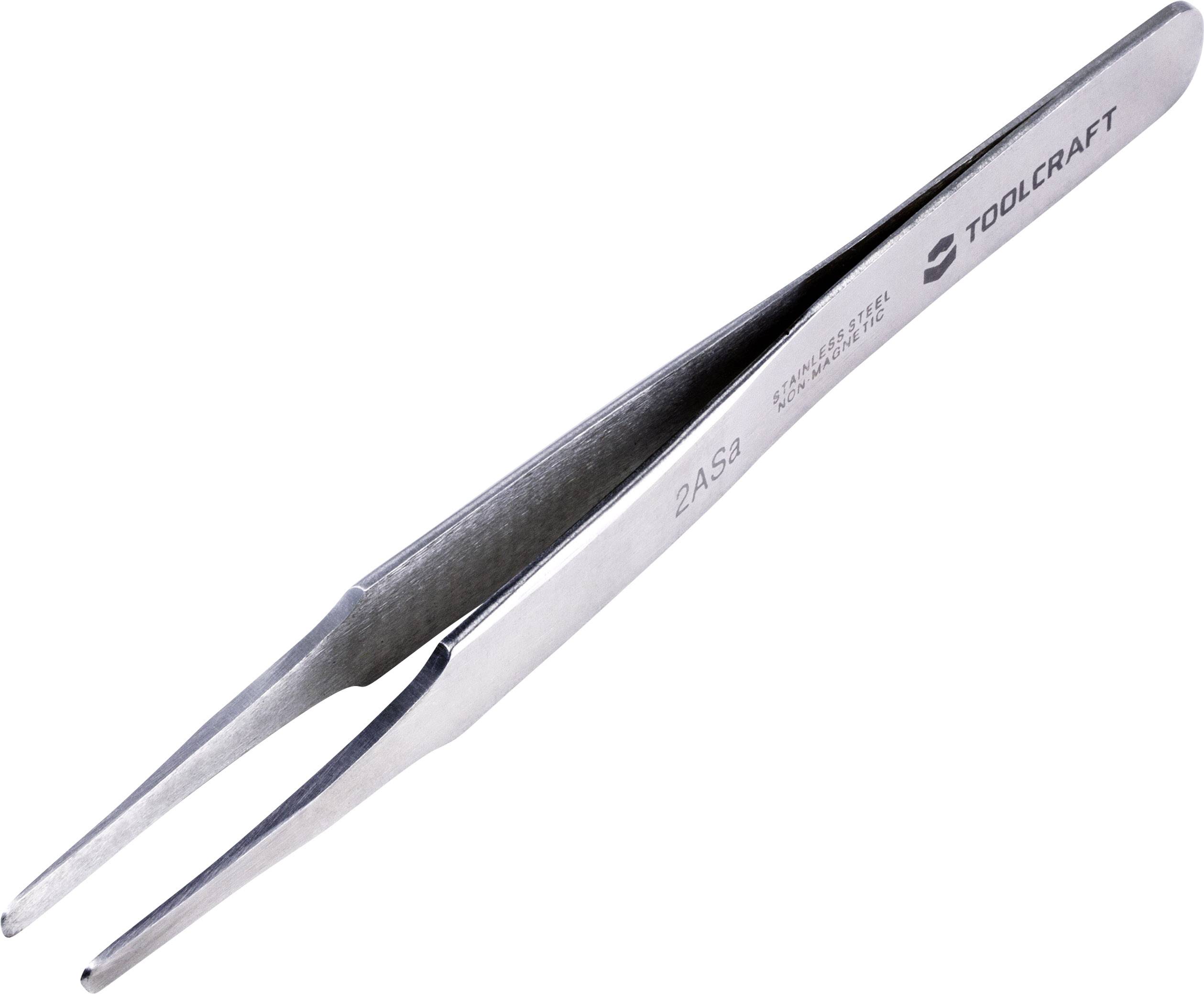 Srebrna precyzyjna pinceta o cienkich, spiczastych końcówkach z napisem 'TOOLCRAFT' na boku.