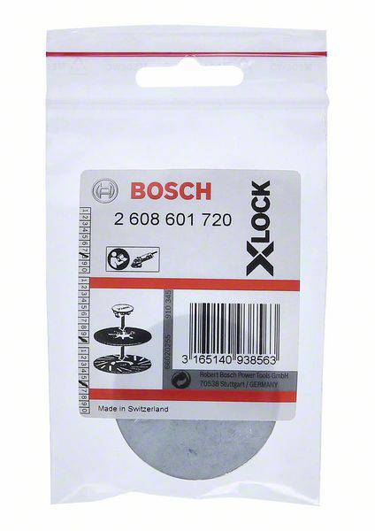 Opakowanie tarczy szlifierskiej marki Bosch z systemem X-LOCK, numer artykułu 2 608 601 720, wyprodukowane w Szwajcarii.