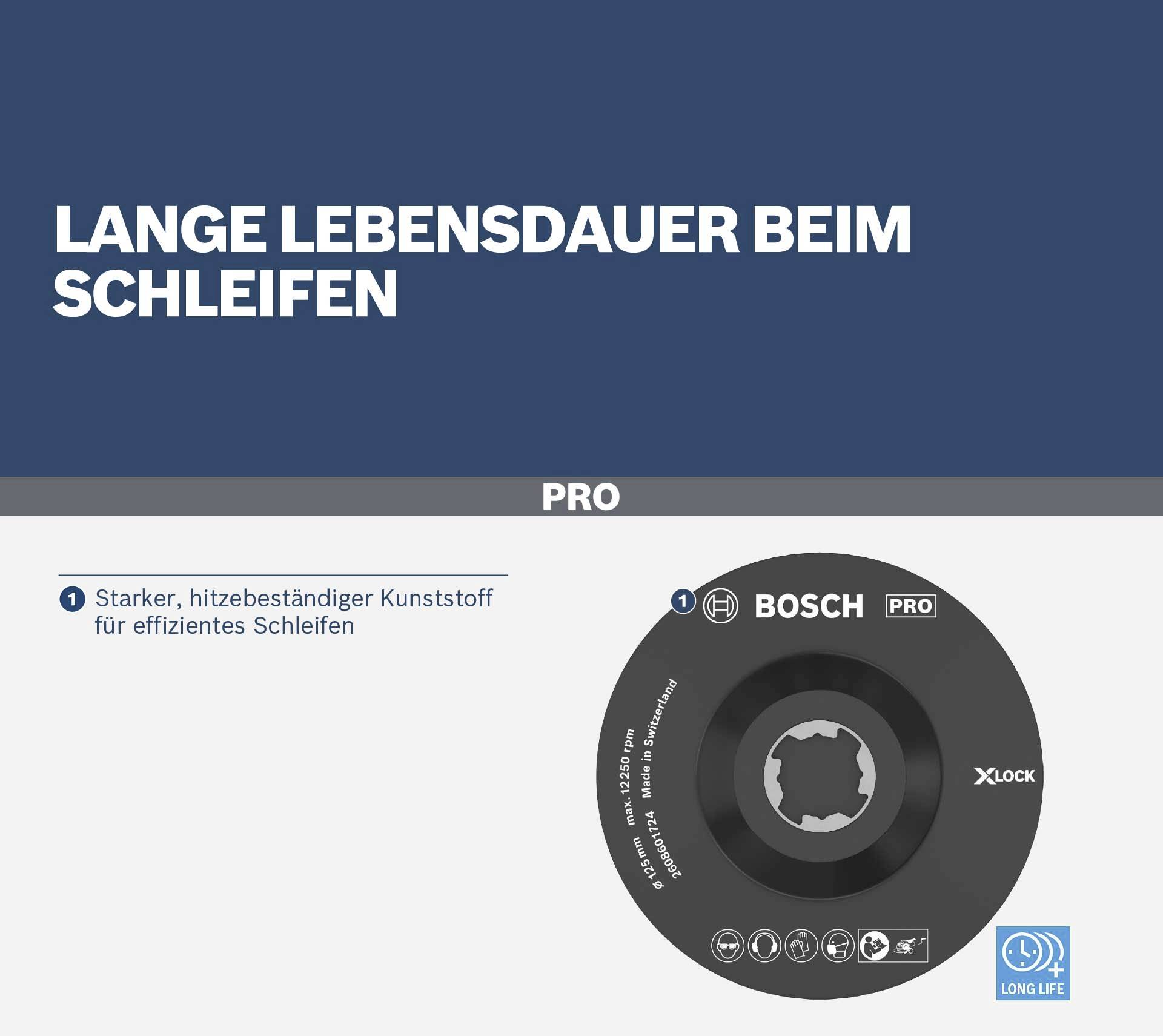 Tarcza szlifierska Bosch Pro, długa żywotność, efektywne szlifowanie. Materiał: termoodporny plastik.