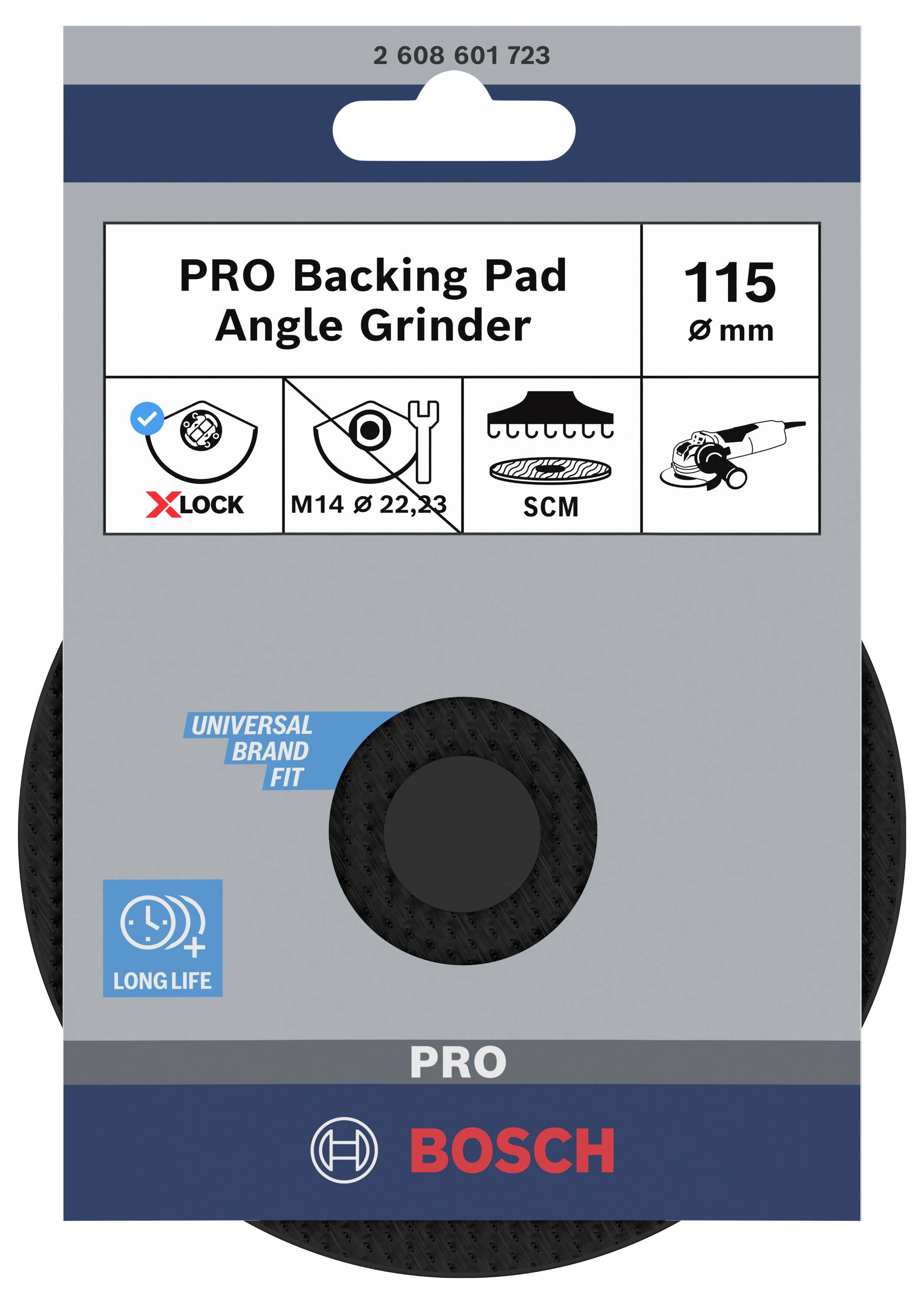 Tarcza podkładowa 'PRO Backing Pad' do szlifierki kątowej, średnica 115 mm, z systemem XLOCK, pasująca do M14 22,23. Oznaczona jako 'Trwała' i logo Bosch.