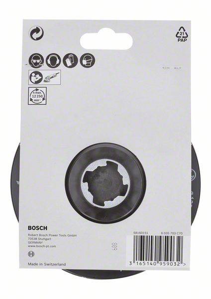 'Części zamienne Bosch do elektronarzędzi, opakowanie przedstawia stylizowane symbole ostrzeżeń bezpieczeństwa. Wyprodukowane w Szwajcarii.'