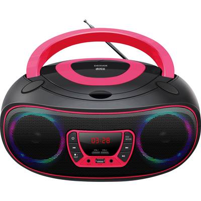 Przenośny odtwarzacz CD w kolorach czarnym i czerwonym z wbudowanym radiem, złączem USB oraz podświetleniem LED wokół głośników.