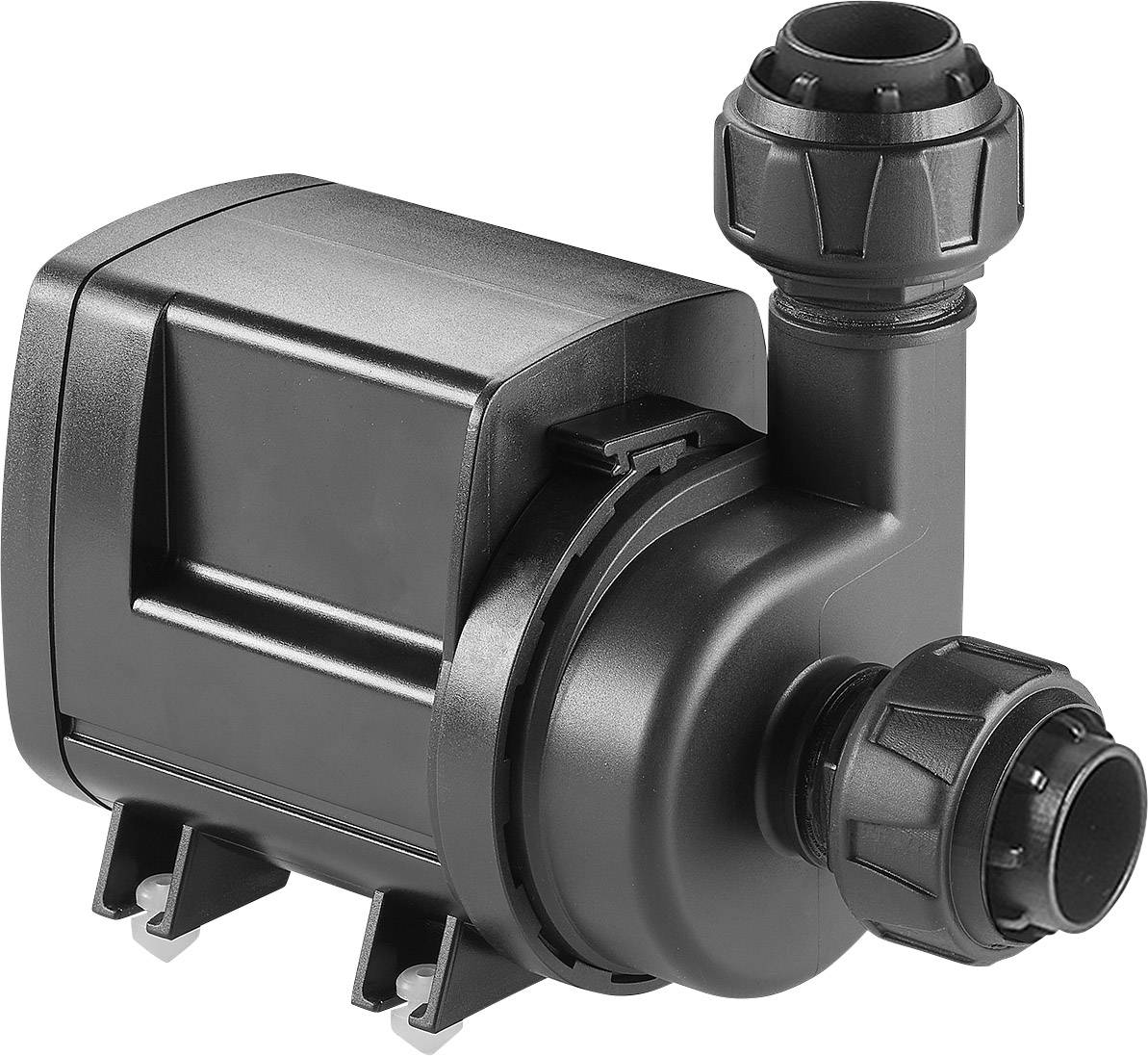 Czarna pompa wodna z dwoma przyłączami i wytrzymałą obudową. Stoi na płaskiej powierzchni.
