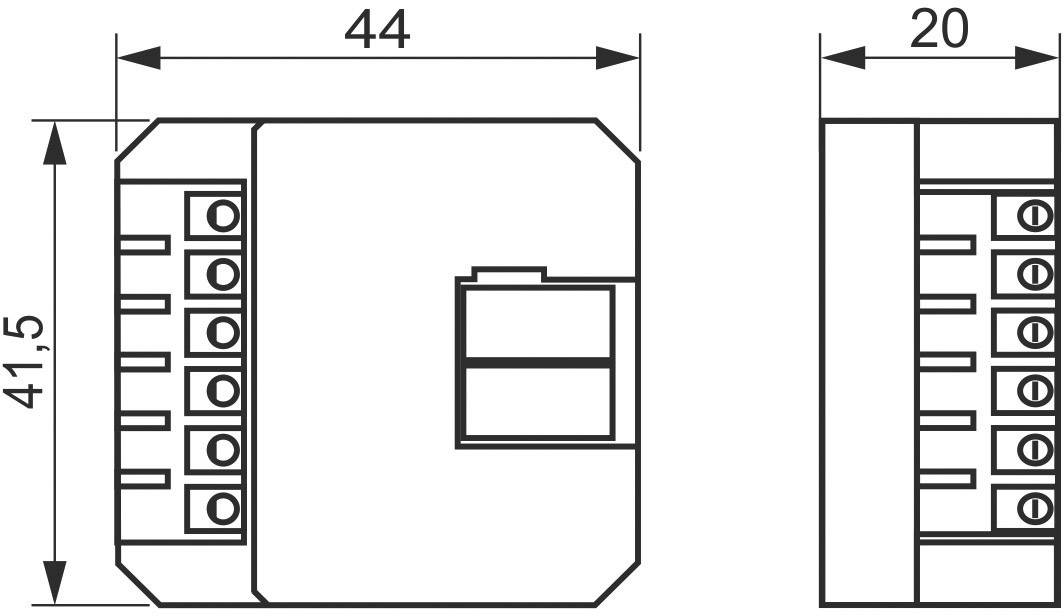 Rysunek techniczny elementu elektrycznego o wymiarach 44x41,5x20 mm. Przedstawia zaciski przyłączeniowe i strukturę obudowy.