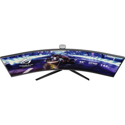 Zakrzywiony monitor do gier wyświetla futurystyczny wyścig motocyklowy ze specyfikacjami: 49 cali, DFHD, 144 Hz.