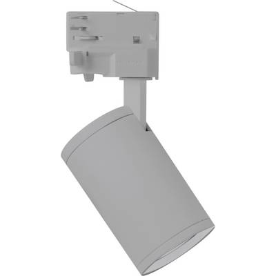 Cylindryczny reflektor LED wykonany z szarego materiału, zamontowany na uchwycie.