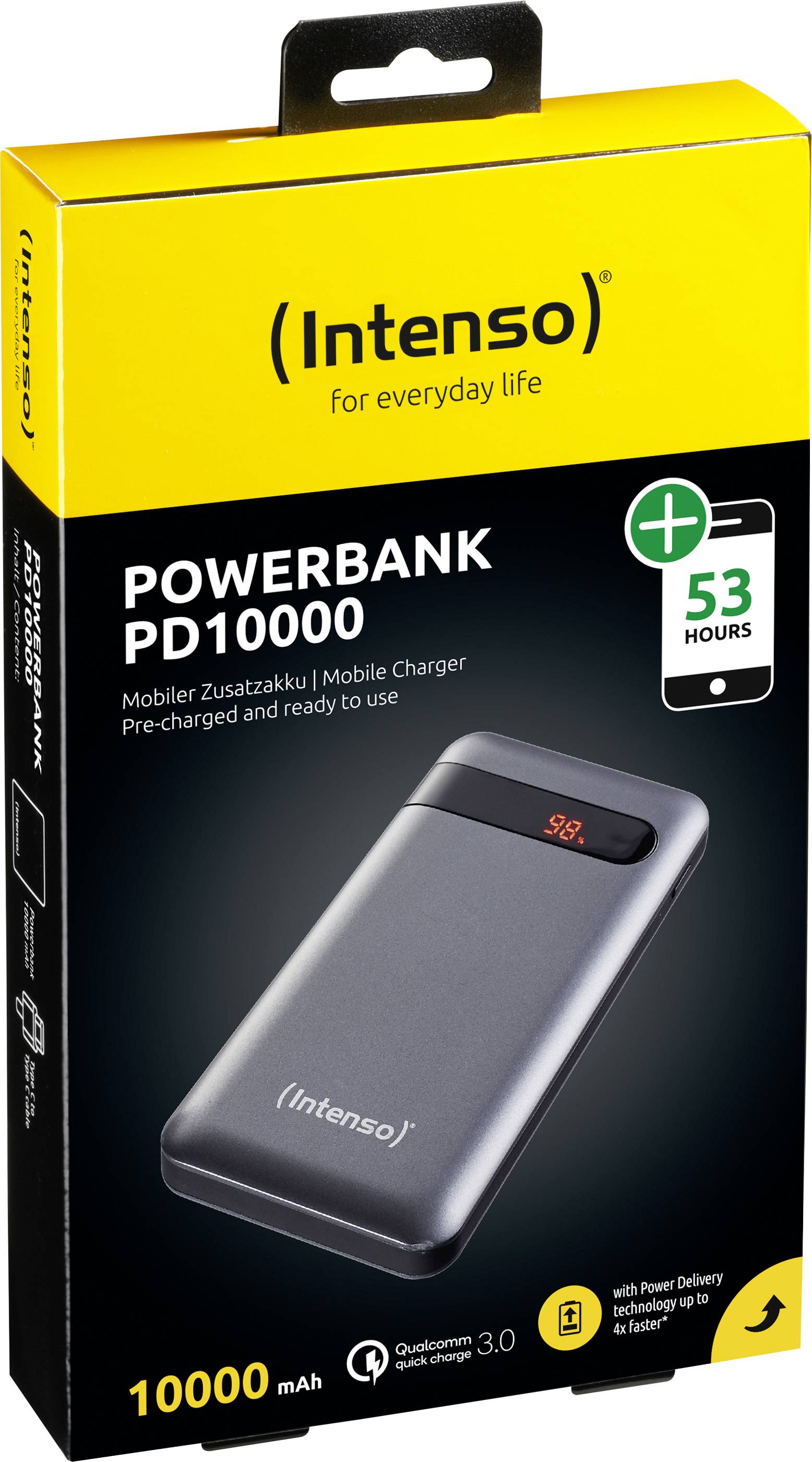 Opakowanie 'Intenso PD10000 Powerbank' z obrazem powerbanku, o pojemności 10000 mAh, obiecujące ponad 53 godziny pracy, z technologią Quick Charge 3.0.