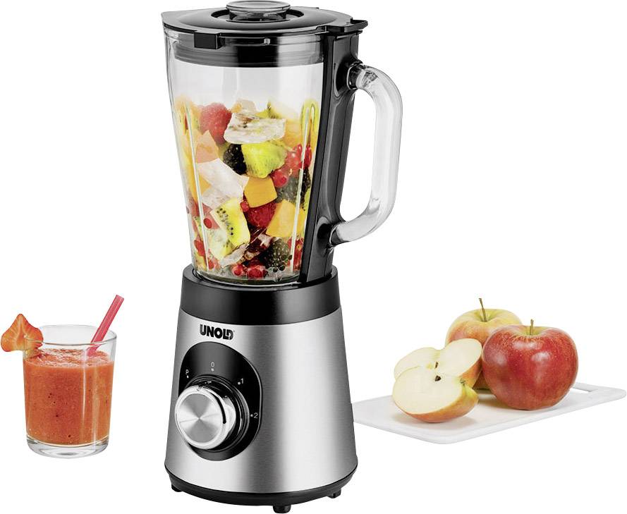 Blender napełniony owocami; obok szklanka smoothie ze słomką i pokrojone jabłka na desce.