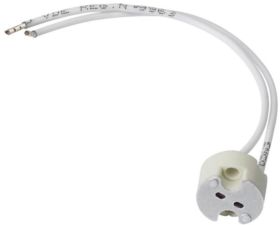 Dwubiegunowa ceramiczna oprawka żarówki G9 z białymi przewodami, odpowiednia do żarówek halogenowych lub LED, ujęcie z bliska.