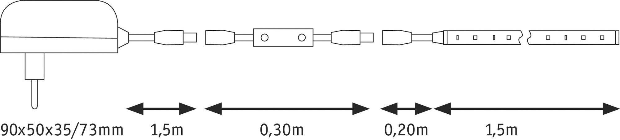 Schemat wtyczki z wymiarami 90x60x35/73 mm. Elementy łączące w rzędzie: 1,5 m, 0,30 m, 0,20 m, 1,5 m. Odległości oznaczone strzałkami.