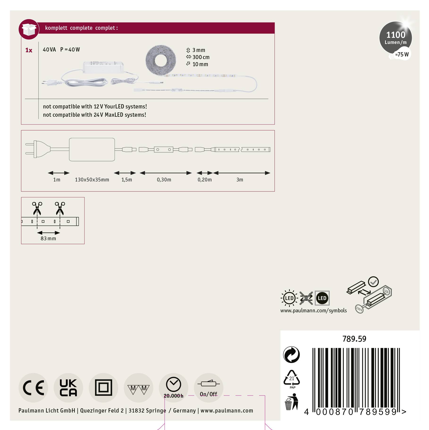 Opakowanie taśmy LED 'Paulmann Licht' przedstawia wymiary, informacje o kompatybilności oraz dane dotyczące oszczędności energetycznej w watach i lumenach.