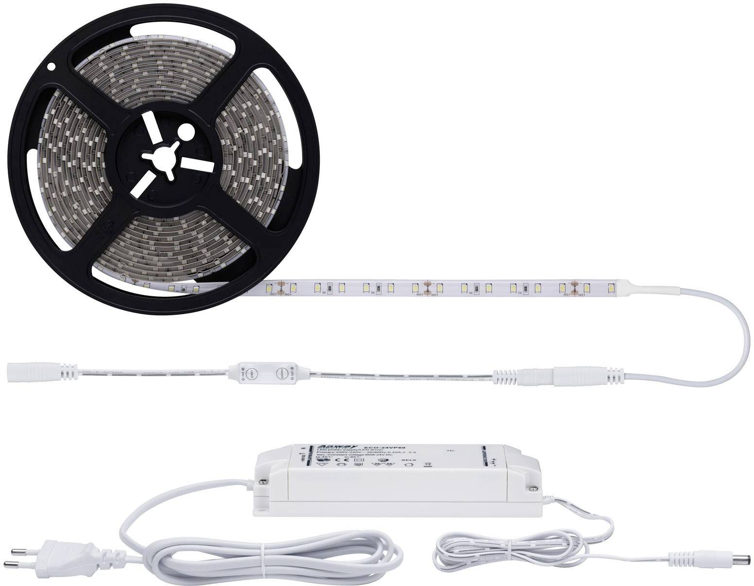 Rolka z listwą świetlną LED, podłączona do zasilacza i wyłącznika. Przewód zasilający do podłączenia do gniazdka elektrycznego.