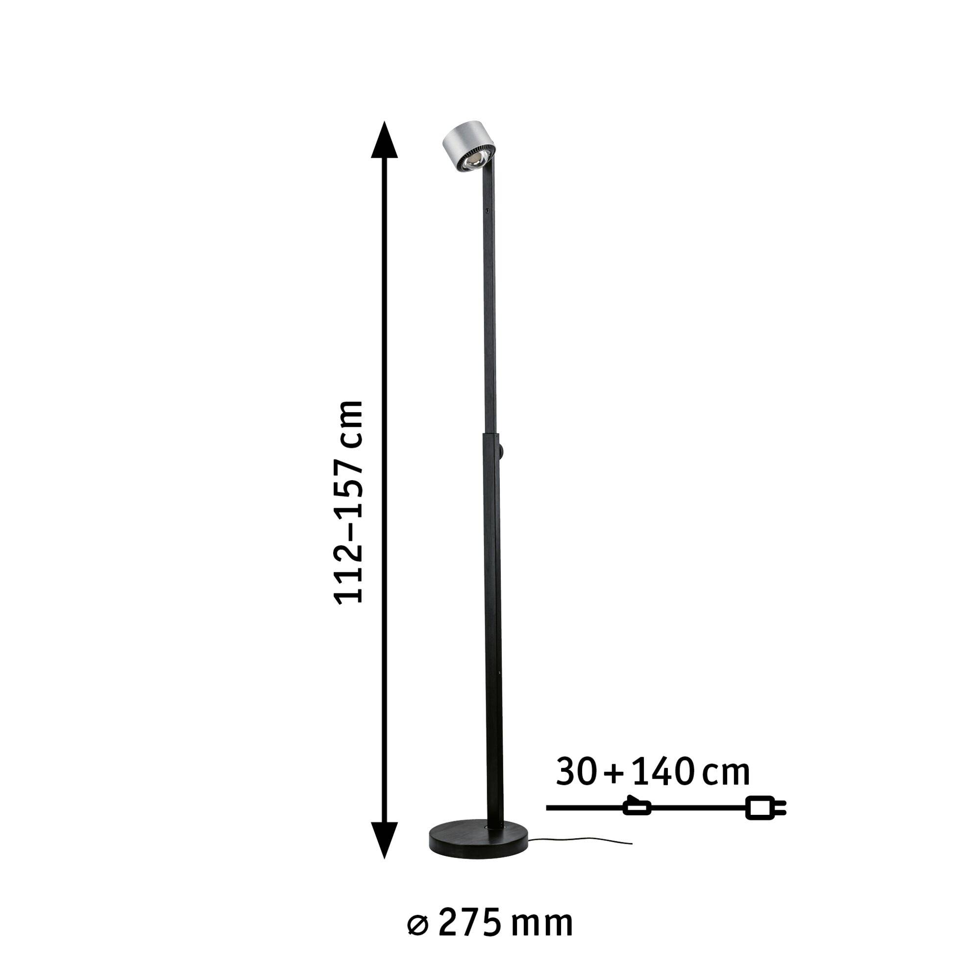 Lampa stojąca z czarną, regulowaną podstawą, zakres wysokości 112-157 cm, średnica 275 mm, długość przewodu 30+140 cm.