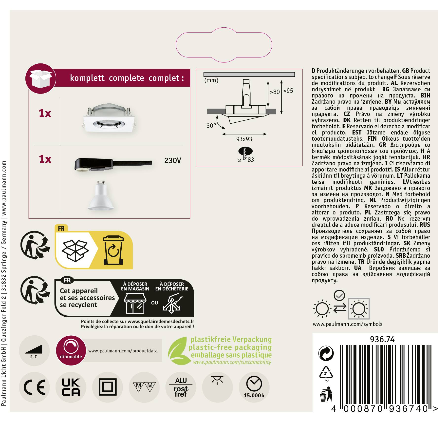 Kompletny zestaw: 1x adapter, 1x końcówka do jamy ustnej. Napięcie: 230V. Instrukcja w kilku językach. Opakowanie wolne od plastiku i nadające się do recyklingu.