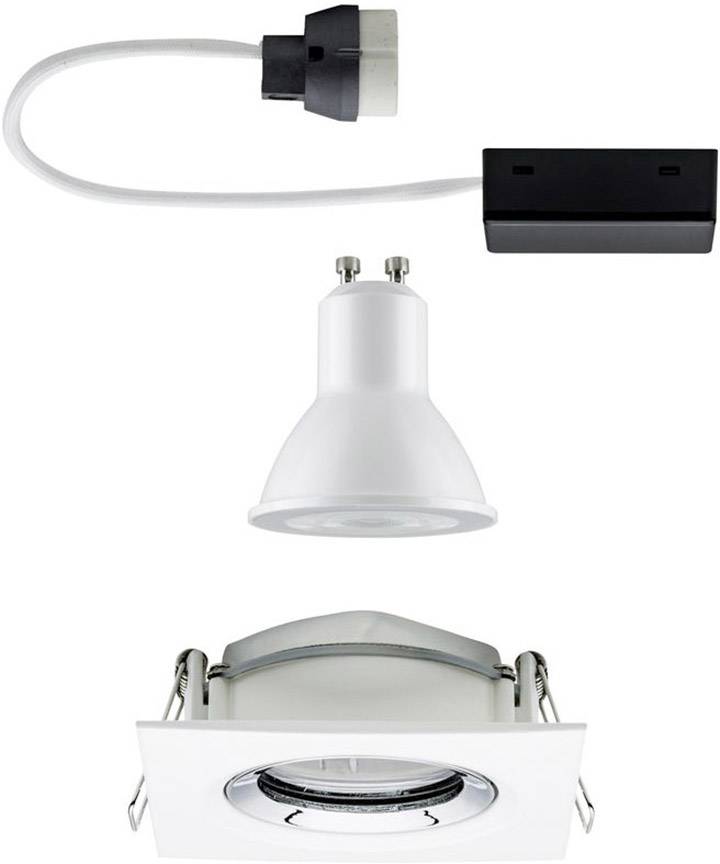 Zestaw opraw podtynkowych z żarówką GU10, przewodem przyłączeniowym i oprawką, w kolorze białym. Nadaje się do montażu sufitowego, nowoczesne rozwiązanie oświetleniowe.
