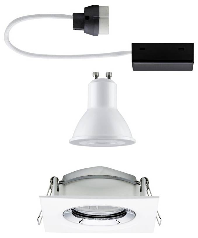 Zestaw opraw sufitowych: przewodowe złącze, żarówka LED z gniazdem GU10 oraz kwadratowa, biała oprawa.
