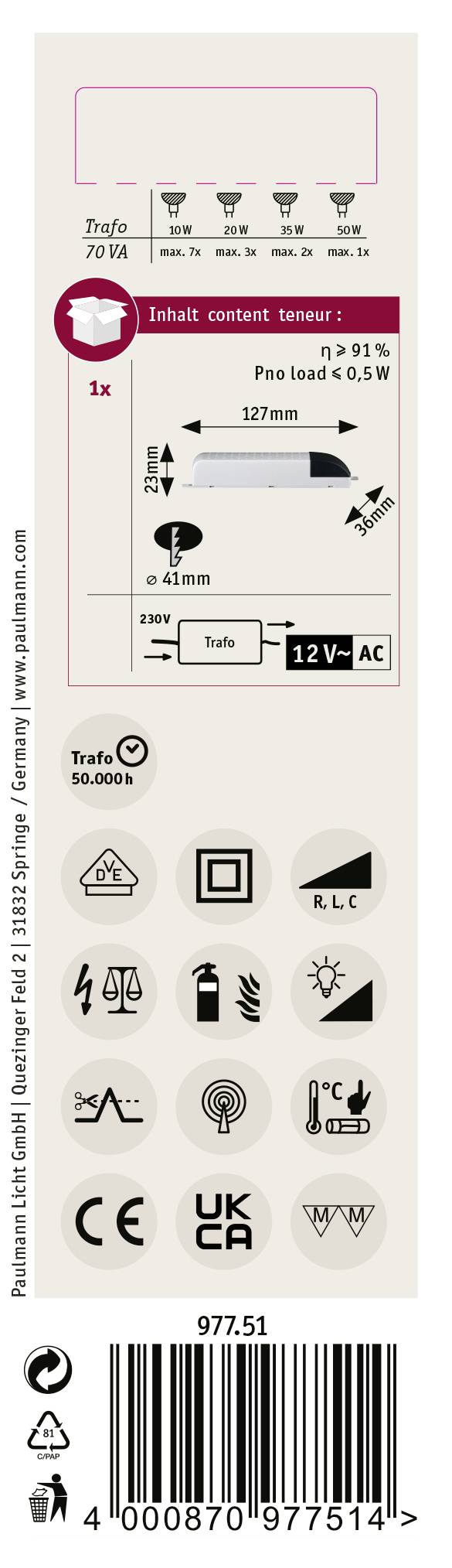 Etykieta z danymi znamionowymi urządzenia elektronicznego: 12V AC, maks. 70VA. Symbole i kod kreskowy poniżej, informacje o producencie u góry.