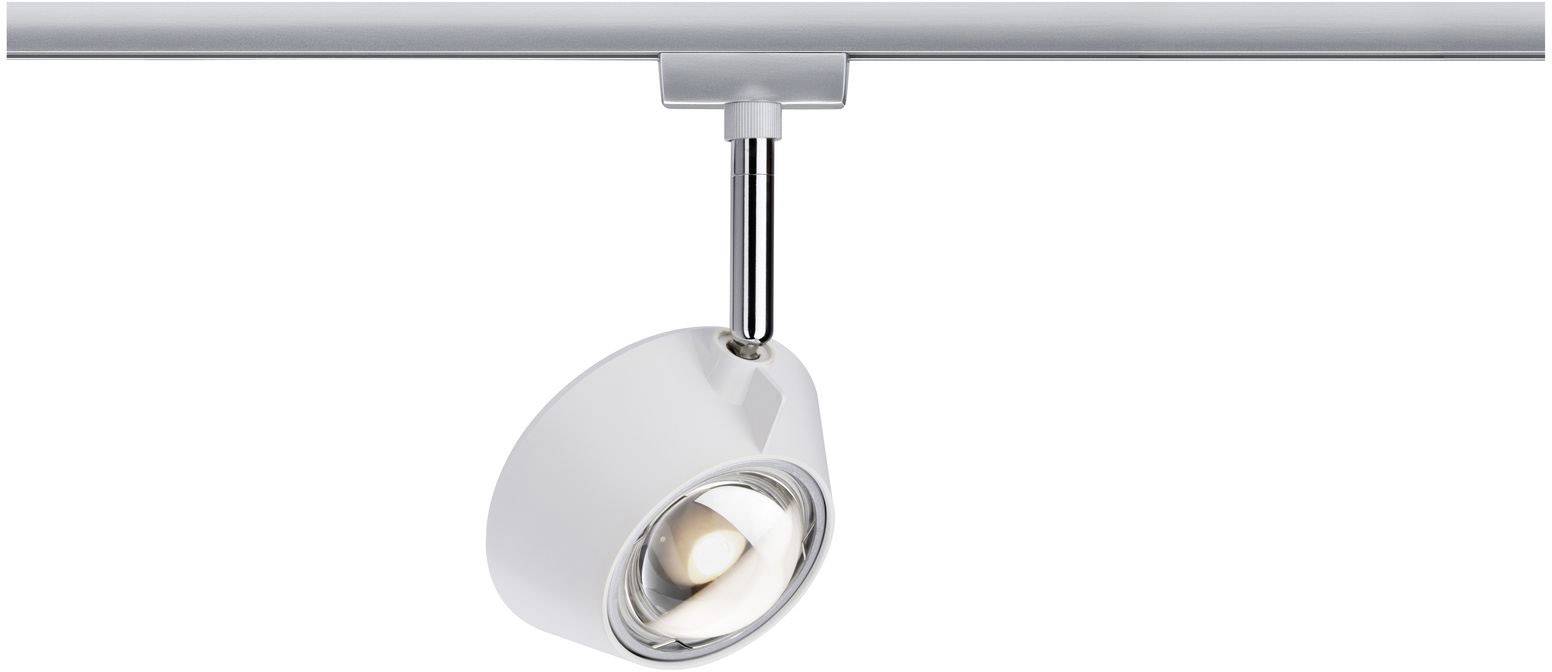 Pojedyncza, nowoczesna, biała lampa szynowa z regulowaną, okrągłą głowicą, zamontowana na metalowym ramieniu.