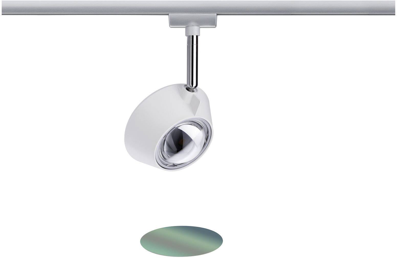 Nowoczesna, biała lampa sufitowa, która precyzyjnie rzuca światło na okrągłą, kolorową powierzchnię na podłodze.