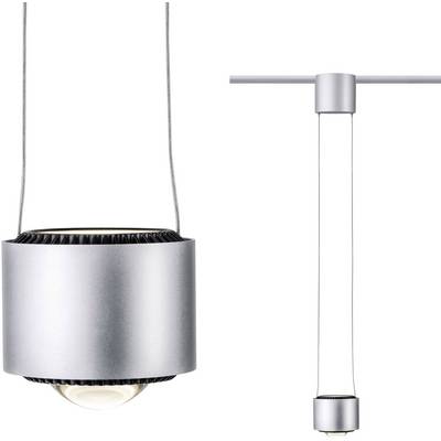 Nowoczesna lampa wisząca z szczotkowanego metalu o okrągłym, minimalistycznym designie z widocznym elementem świecącym u podstawy.