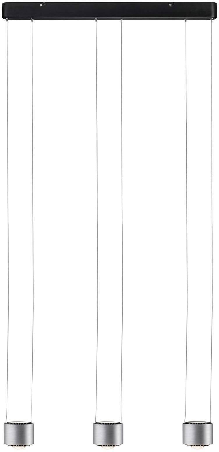 Trzy cylindryczne lampy wiszące zwisają w rzędzie na cienkich linkach z prostokątnej czarnej szyny sufitowej.
