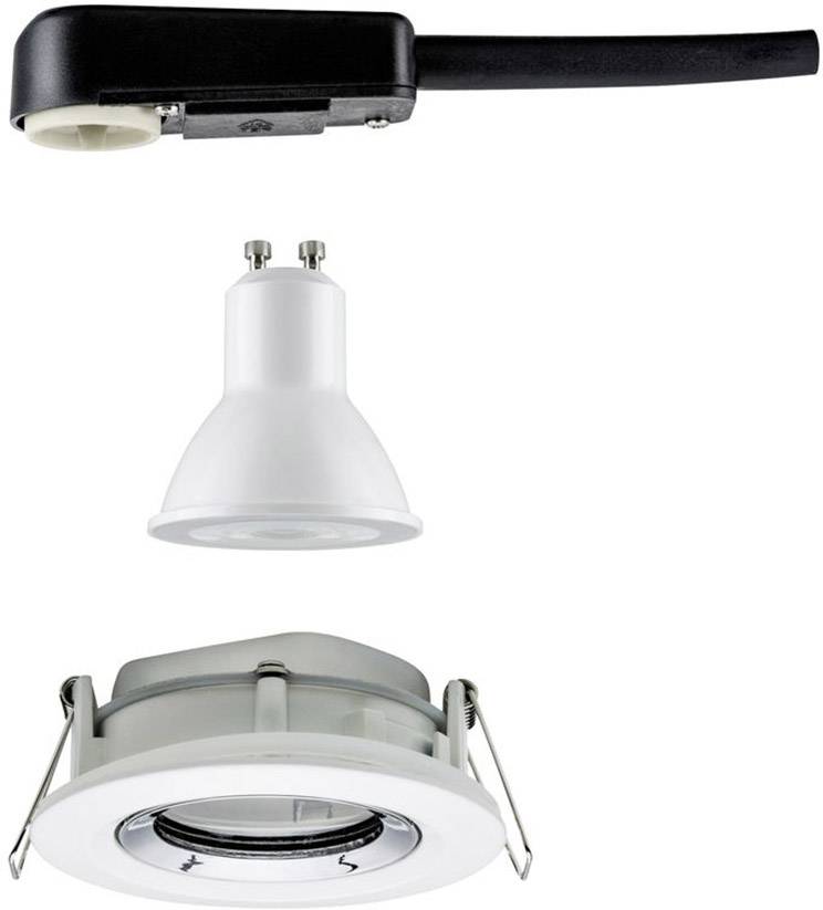 Zestaw opraw podtynkowych: czarna puszka przyłączeniowa, biały reflektor LED GU10 oraz okrągła oprawa montażowa z zaciskami sprężynowymi.