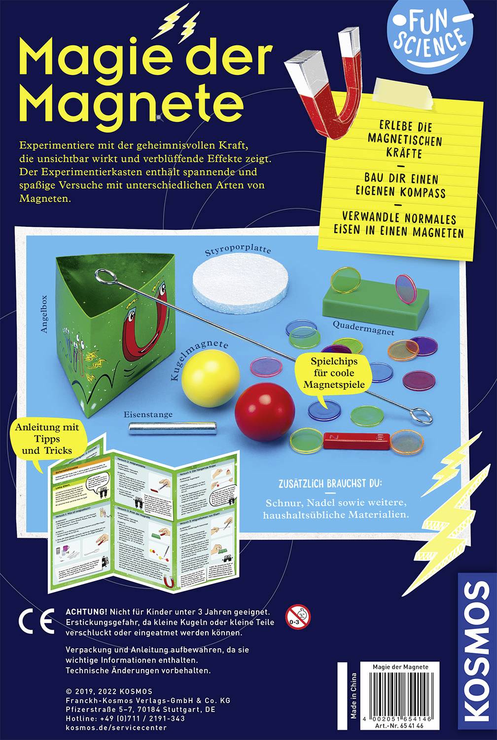 Zestaw 'Magne-Eksperymentów' zawiera materiały do budowy kompasów magnetycznych oraz przeprowadzania różnych doświadczeń z magnesami.
