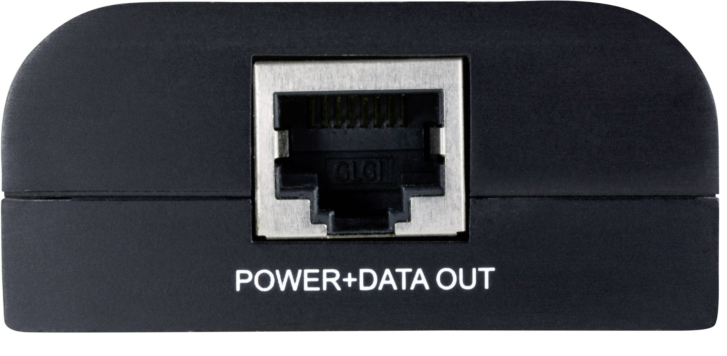 Czarna wtyczka Ethernet z napisem 'POWER+DATA OUT' poniżej.