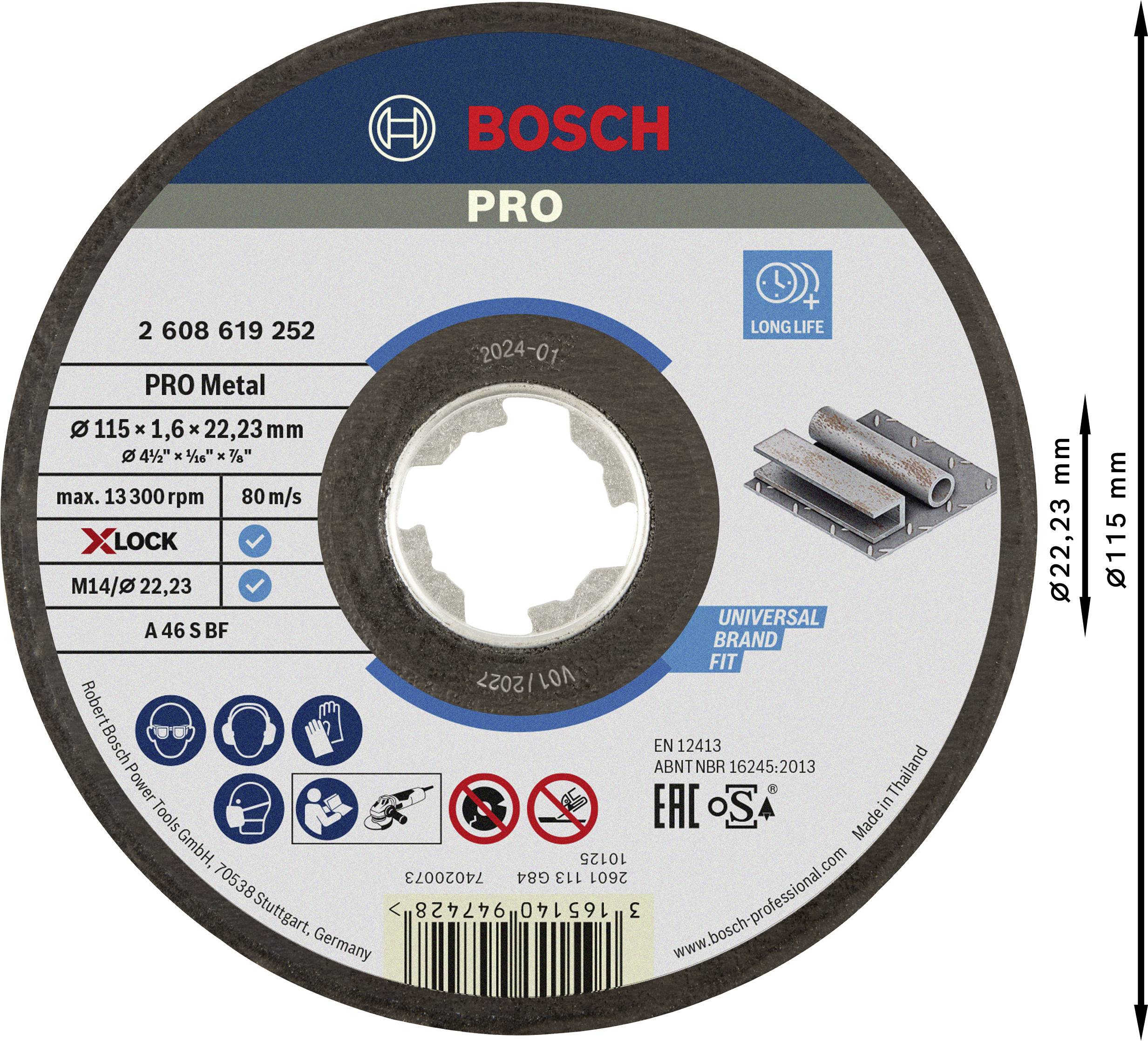 Tarcza do cięcia metalu firmy Bosch. Średnica: 115 mm. Grubość: 1,6 mm. Przeznaczenie: metal. Widoczne logo X-LOCK i Universal Brand Fit.