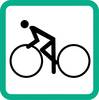 Prosta grafika stylizowanego symbolu roweru z rowerzystą, czarna piktograma na białym tle, obramowana zielonym marginesem.