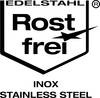 Logo 'Edelstahl Rostfrei', przedstawiające stylizowaną strzałkę. Napis u dołu: 'INOX STAINLESS STEEL'. Symbolizuje stal nierdzewną.