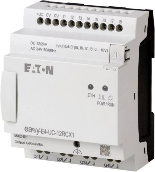 Elektryczne urządzenie sterujące z oznaczeniem 'Eaton easyE4-UC-12RCX1'. Posiada złącza do zasilania i sterowania oraz wskaźniki LED.