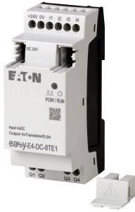 Szary moduł sterujący Eaton z wieloma złączami, z napisem 'DC 24V, easyE4-DC-8TE1'.